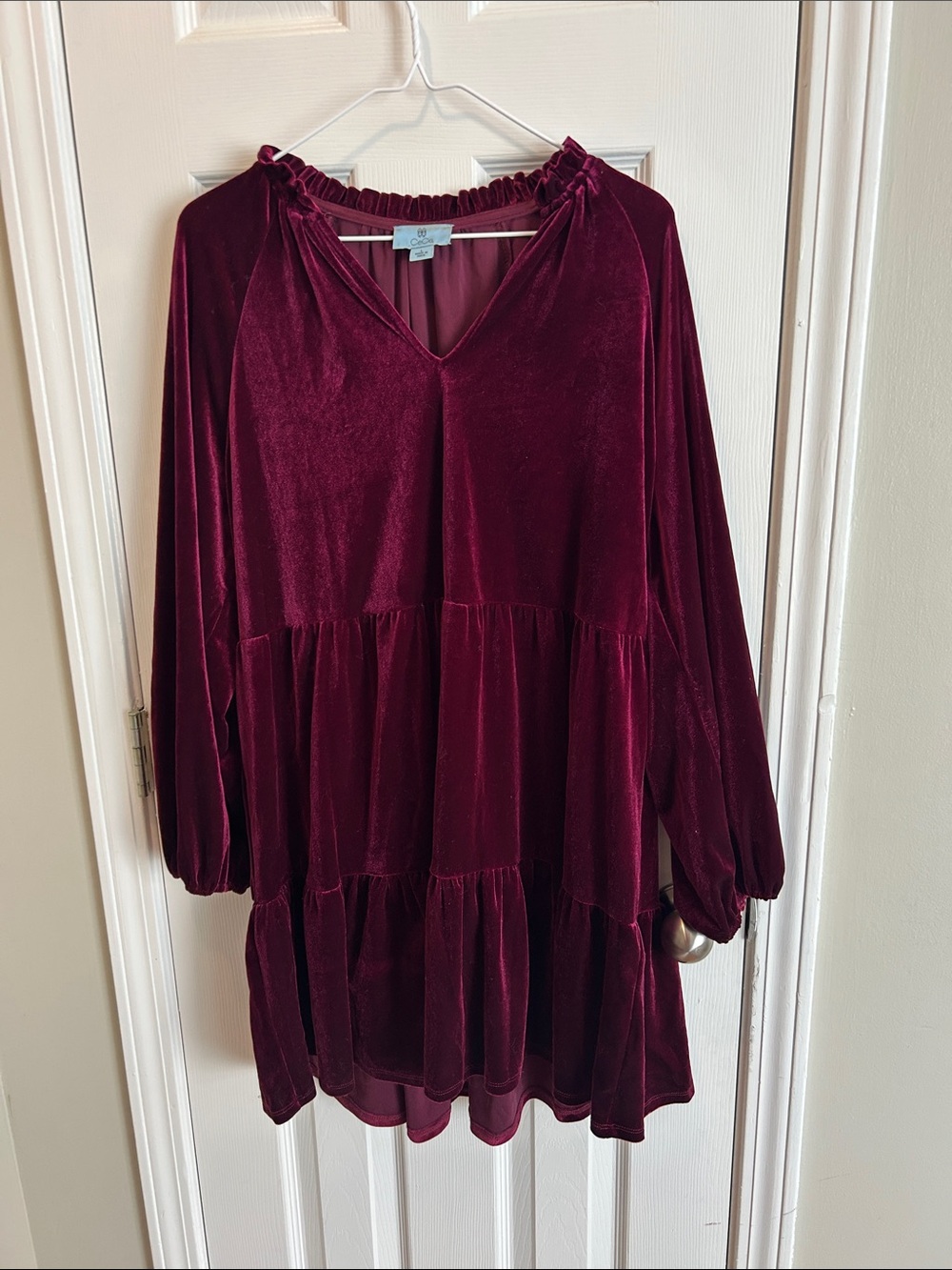 CeCe Velvet Tiered V-Neck Tunic - Burgundy